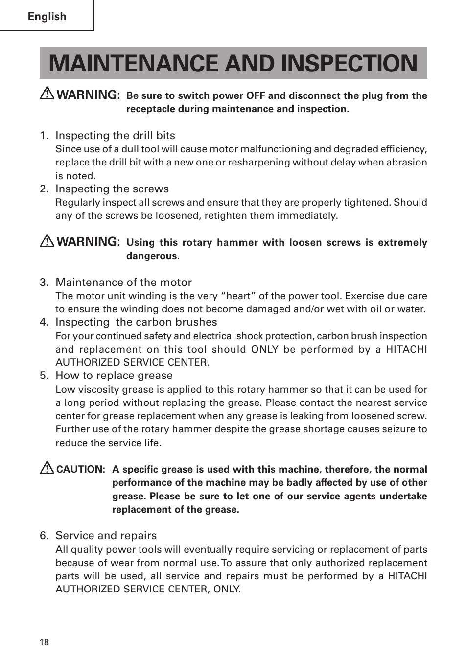 Maintenance and inspection | Hitachi DH 24 PF User Manual | Page 18 / 76