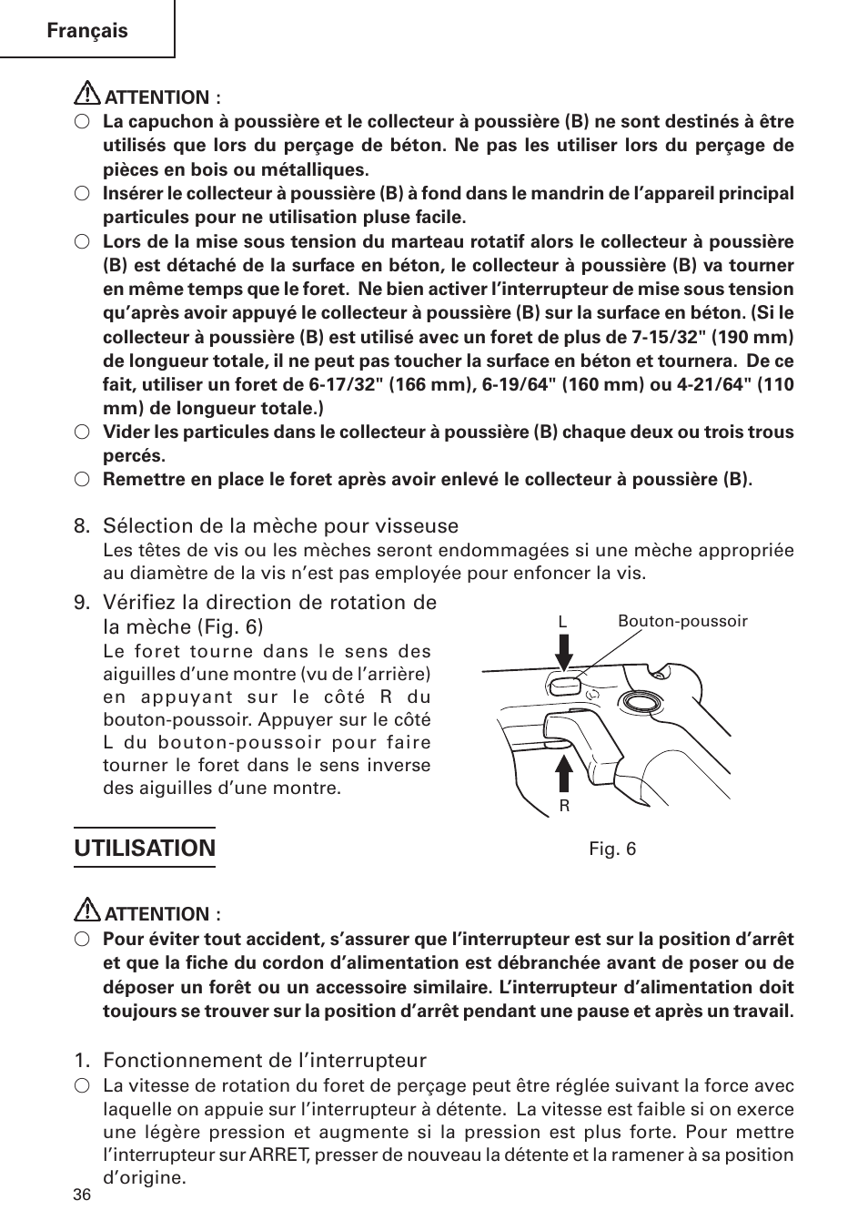 Utilisation | Hitachi DH 24 PF User Manual | Page 36 / 76