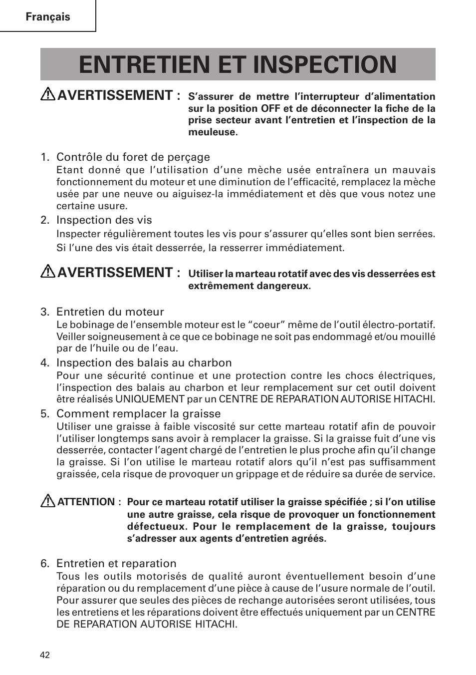 Entretien et inspection, Avertissement | Hitachi DH 24 PF User Manual | Page 42 / 76