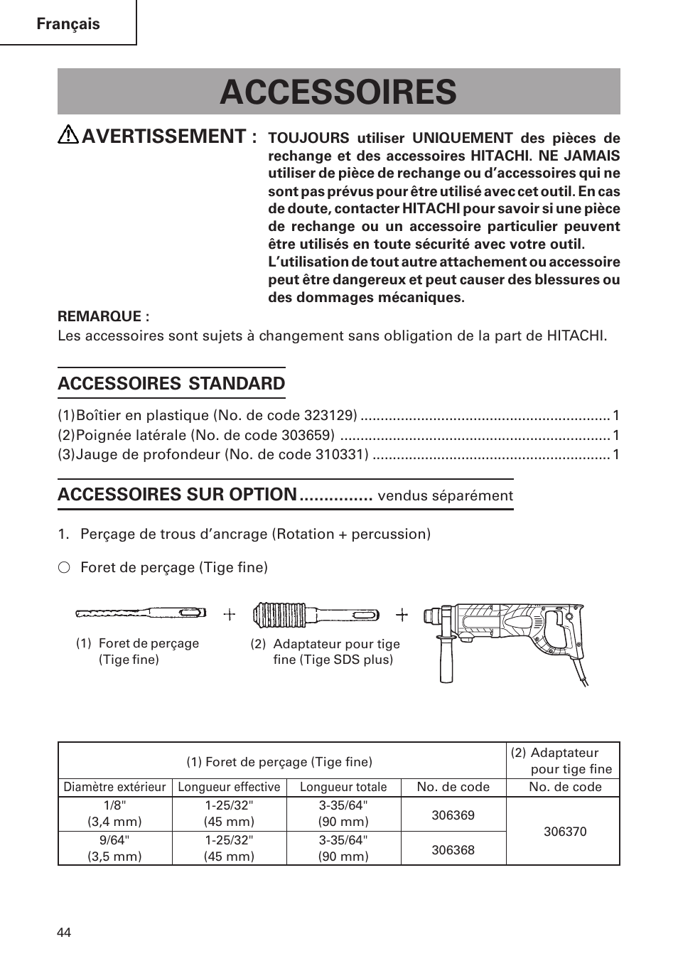 Accessoires, Avertissement, Accessoires standard | Accessoires sur option | Hitachi DH 24 PF User Manual | Page 44 / 76