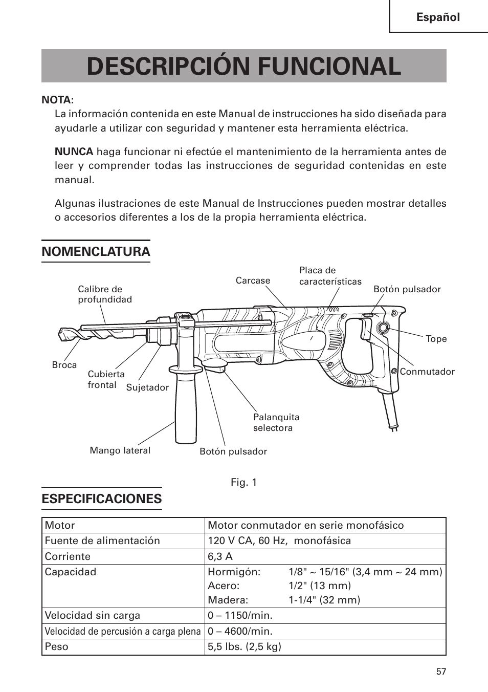 Descripción funcional, Nomenclatura especificaciones | Hitachi DH 24 PF User Manual | Page 57 / 76