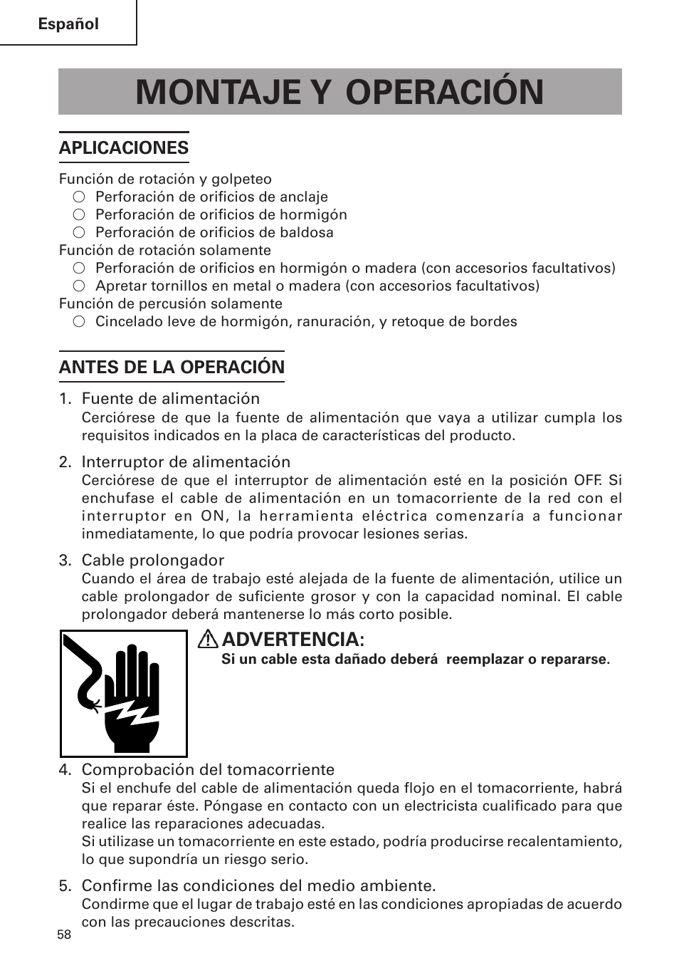 Montaje y operación, Advertencia | Hitachi DH 24 PF User Manual | Page 58 / 76