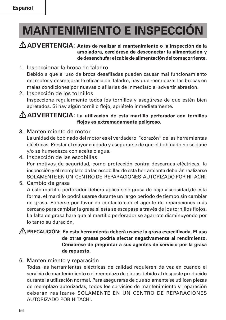 Mantenimiento e inspección, Advertencia | Hitachi DH 24 PF User Manual | Page 66 / 76