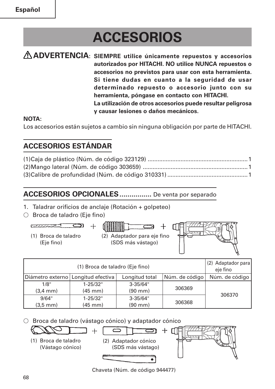 Accesorios, Advertencia, Accesorios estándar | Accesorios opcionales | Hitachi DH 24 PF User Manual | Page 68 / 76