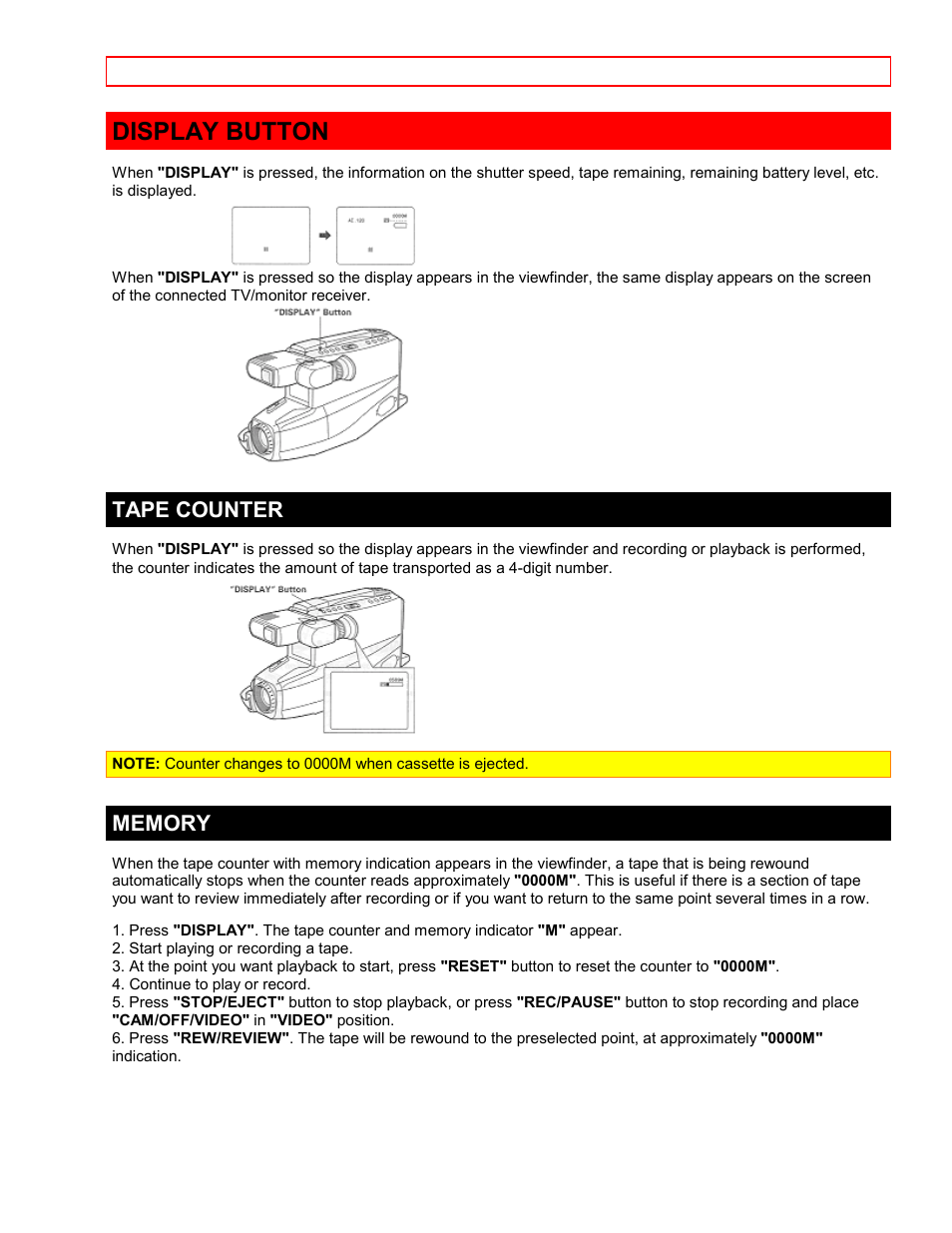 Display button, Tape counter, Memory | Hitachi VTFX6500A User Manual | Page 23 / 35