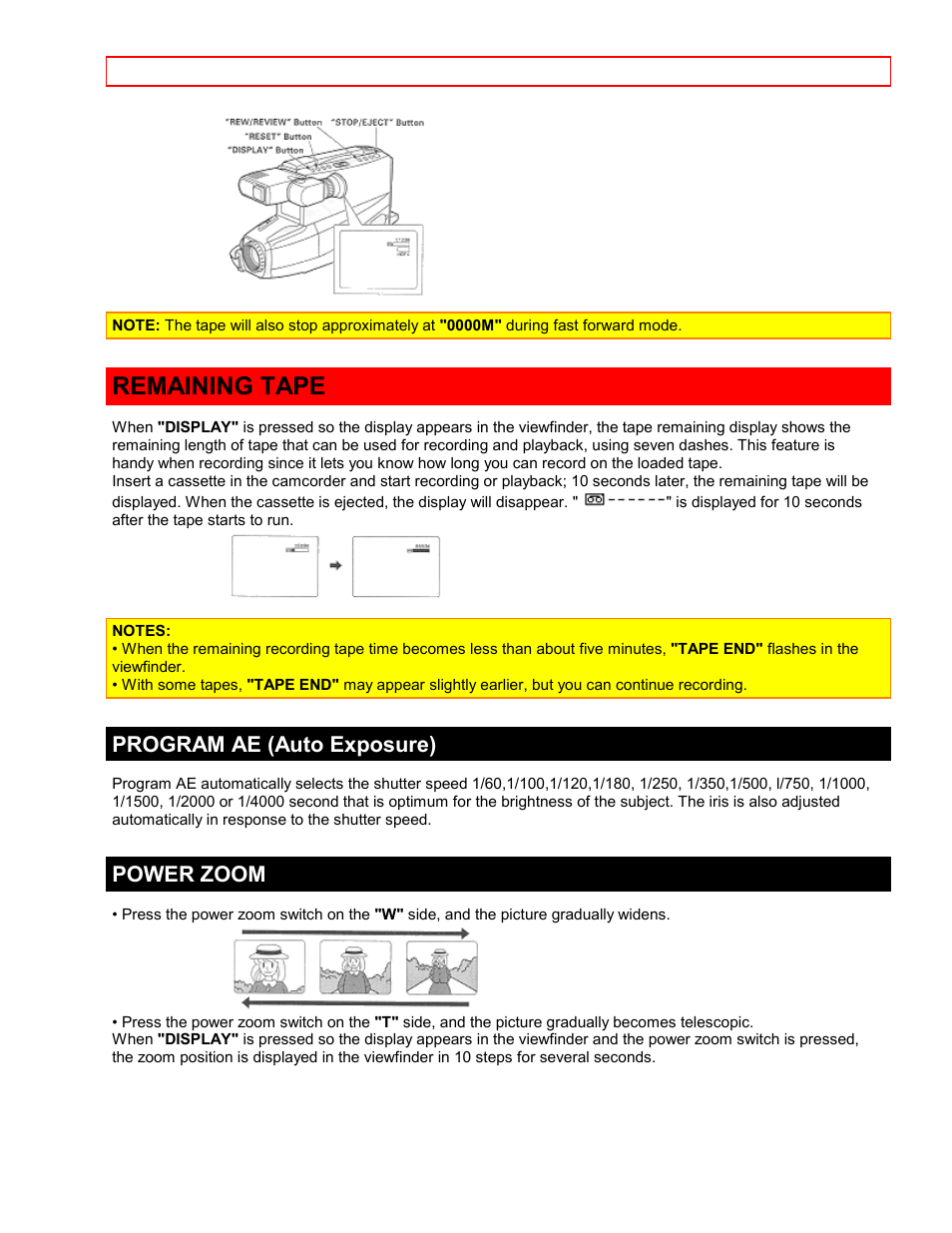 Remaining tape, Program ae (auto exposure), Power zoom | Hitachi VTFX6500A User Manual | Page 24 / 35