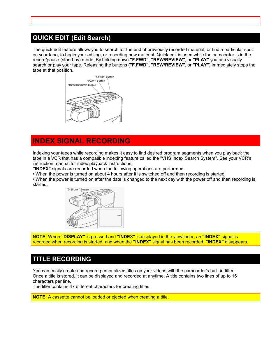 Quick edit (edit search), Index signal recording, Title recording | Hitachi VTFX6500A User Manual | Page 26 / 35