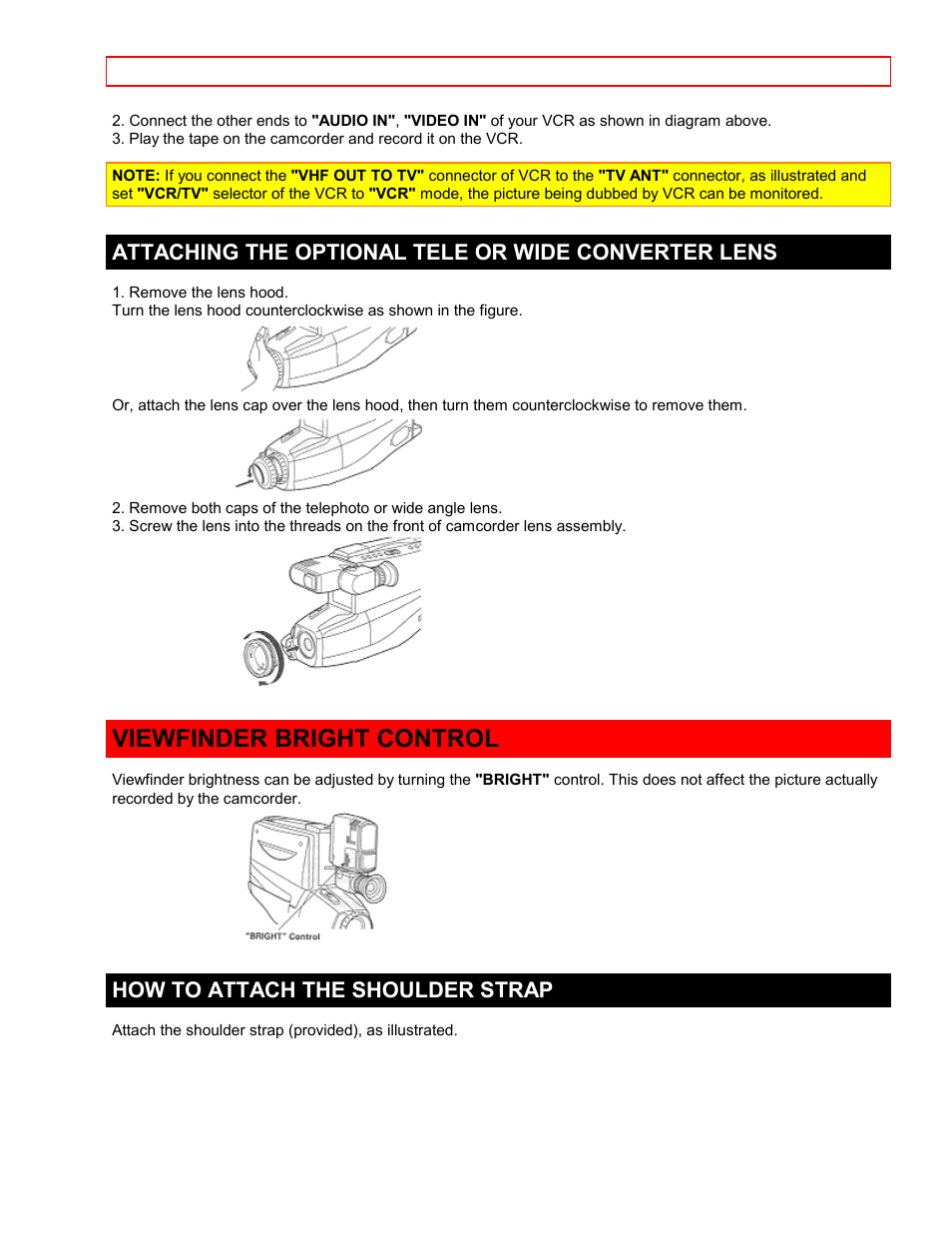 Attaching the optional tele or wide converter lens, Viewfinder bright control, How to attach the shoulder strap | Hitachi VTFX6500A User Manual | Page 31 / 35