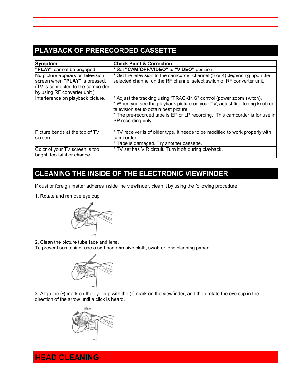 Playback of prerecorded cassette, Cleaning the inside of the electronic viewfinder, Head cleaning | Hitachi VTFX6500A User Manual | Page 33 / 35