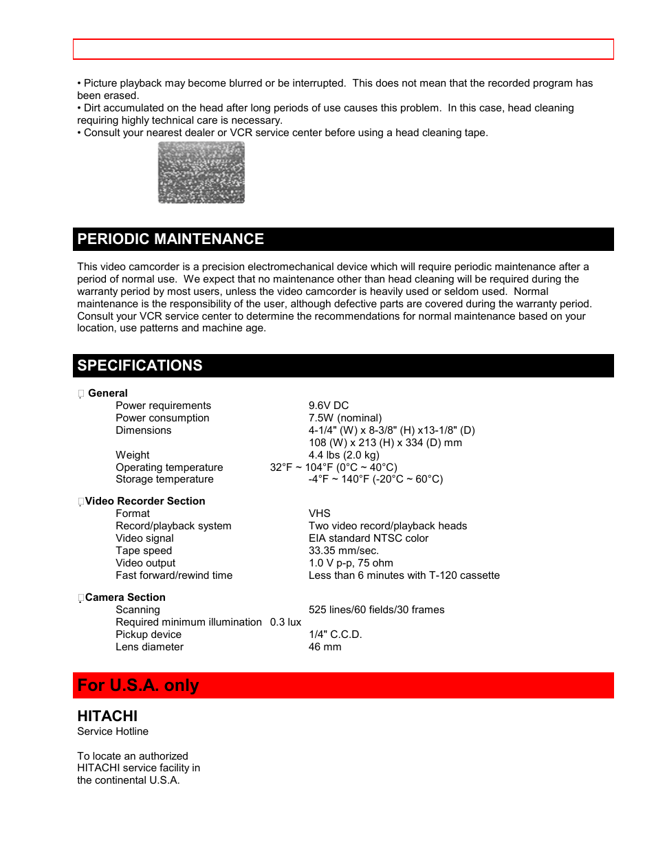 Periodic maintenance, Specifications, For u.s.a. only | Hitachi | Hitachi VTFX6500A User Manual | Page 34 / 35