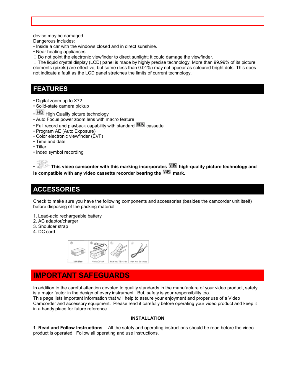 Features, Accessories, Important safeguards | Hitachi VTFX6500A User Manual | Page 4 / 35