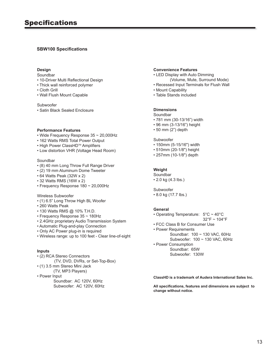 Specifications | Hitachi SBW100 User Manual | Page 13 / 15