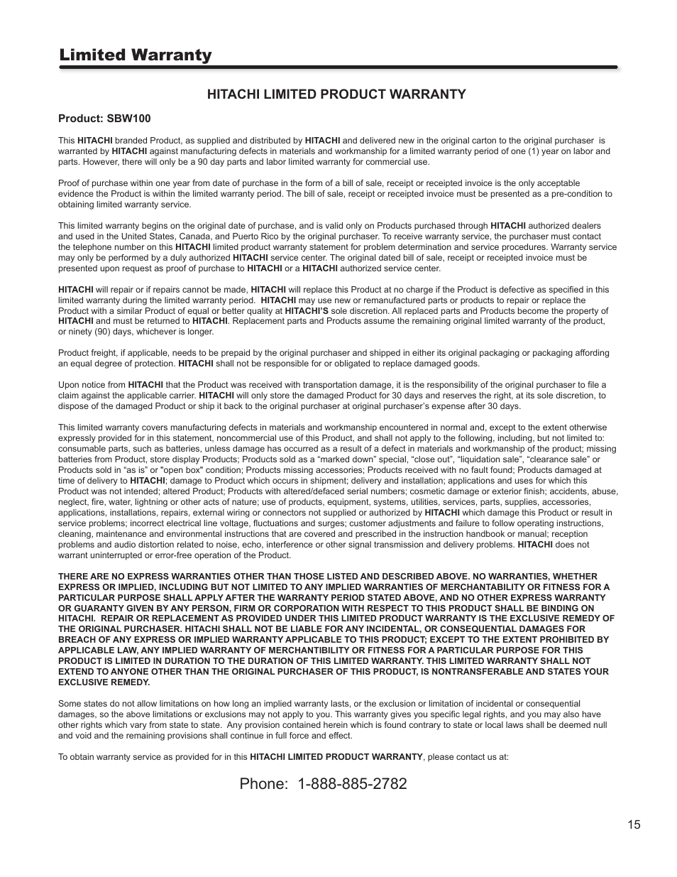 Limited warranty, Hitachi limited product warranty | Hitachi SBW100 User Manual | Page 15 / 15