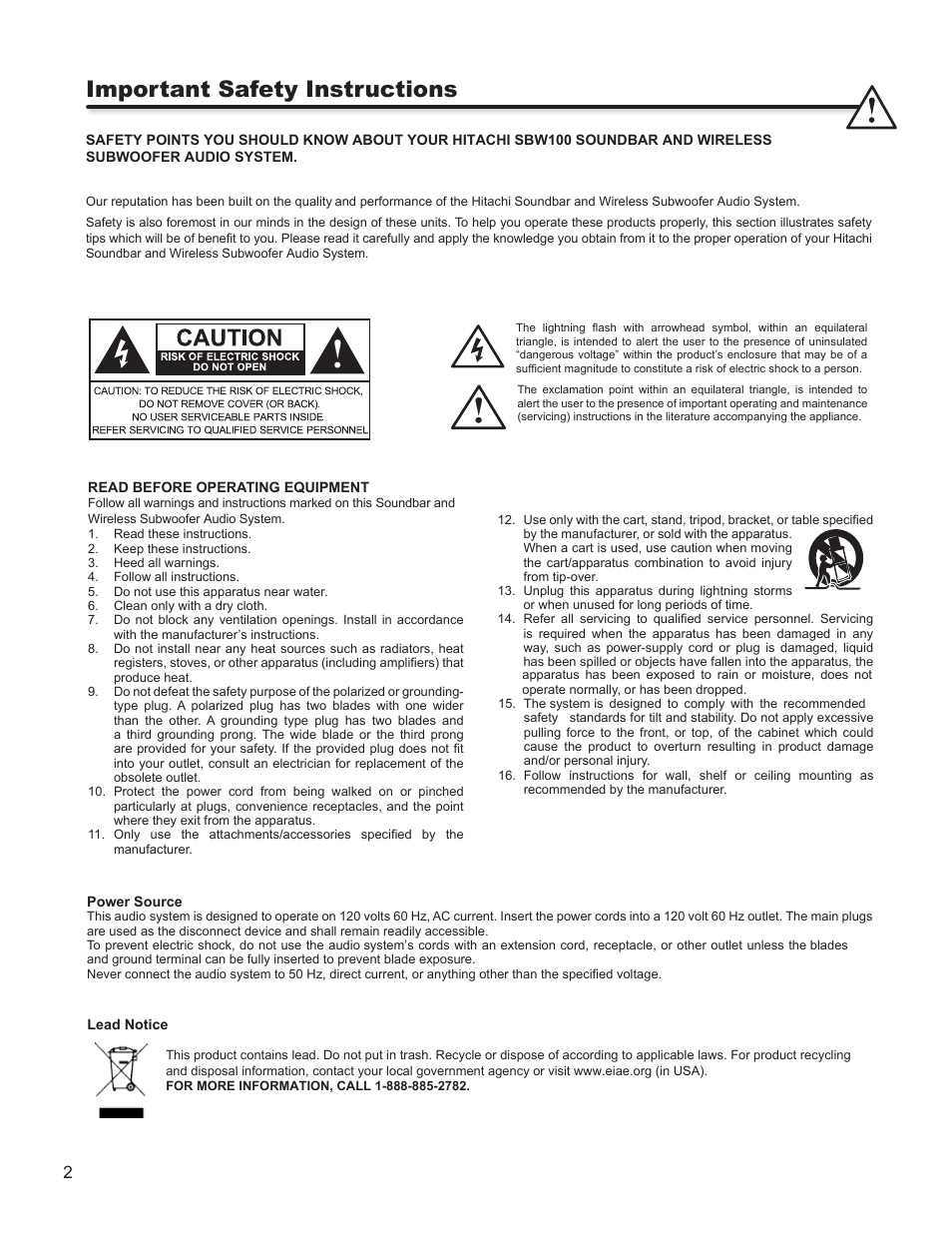 Important safety instructions, English | Hitachi SBW100 User Manual | Page 2 / 15