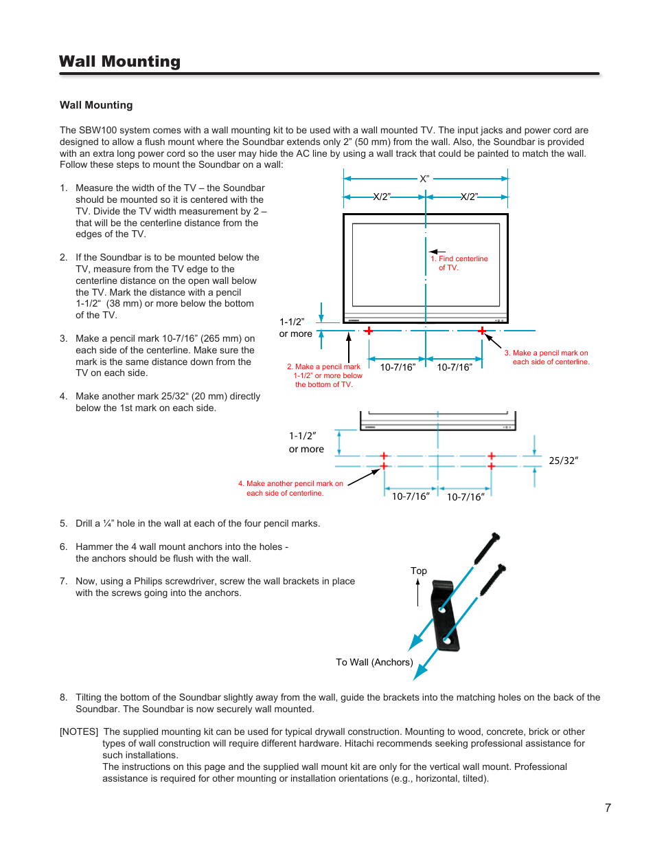 Wall mounting | Hitachi SBW100 User Manual | Page 7 / 15