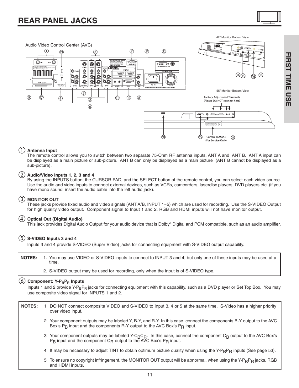 Rear panel jacks, First time use | Hitachi 42HDT51 User Manual | Page 11 / 100