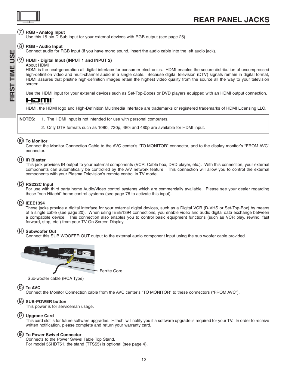 Rear panel jacks, First time use | Hitachi 42HDT51 User Manual | Page 12 / 100