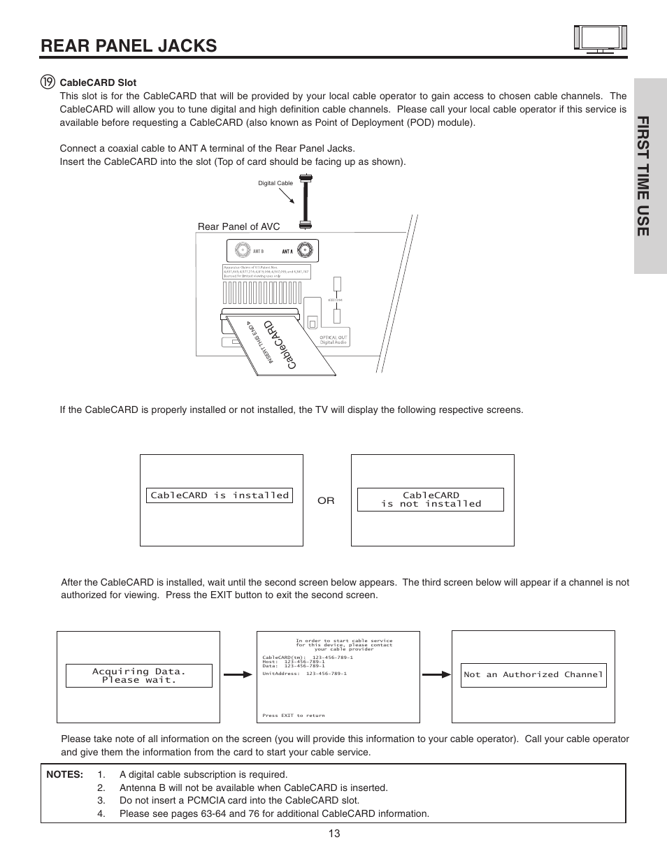 Rear panel jacks, First time use | Hitachi 42HDT51 User Manual | Page 13 / 100