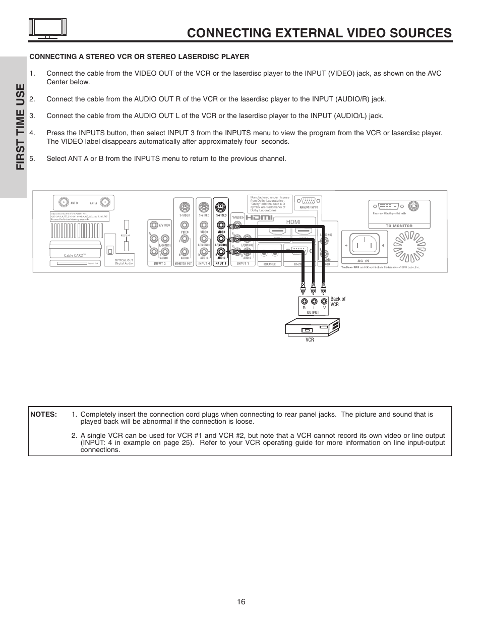 Connecting external video sources, First time use | Hitachi 42HDT51 User Manual | Page 16 / 100