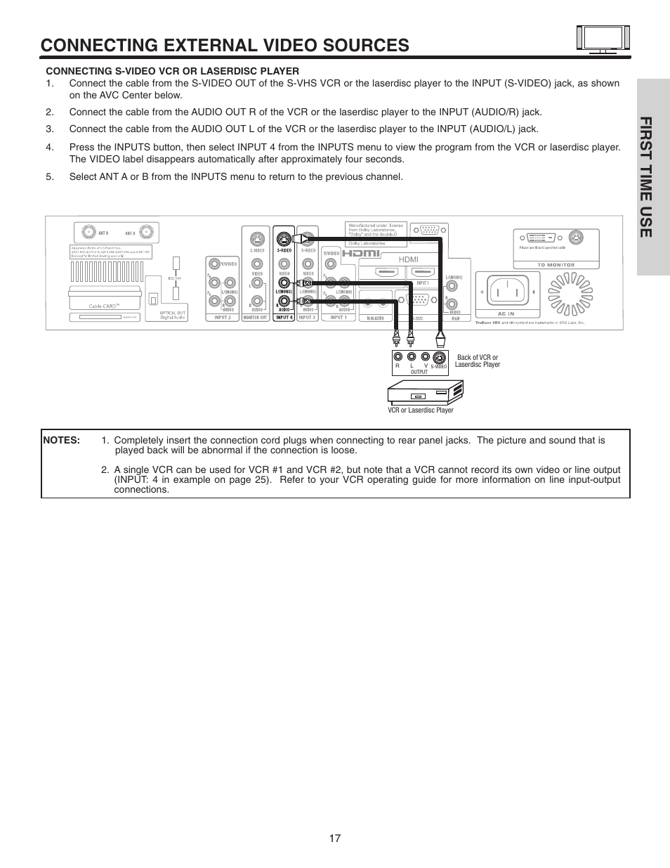 Connecting external video sources, First time use | Hitachi 42HDT51 User Manual | Page 17 / 100