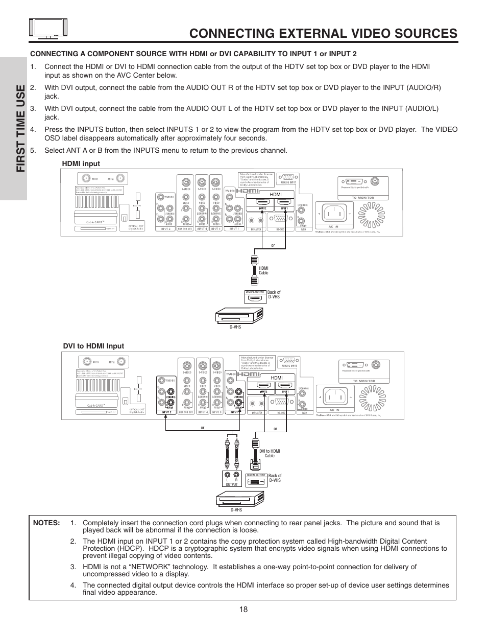 Connecting external video sources, First time use | Hitachi 42HDT51 User Manual | Page 18 / 100