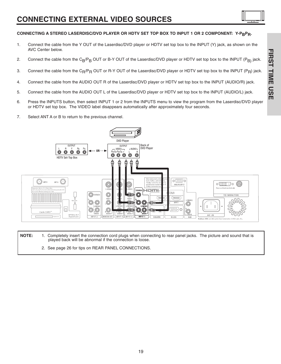 Connecting external video sources, First time use | Hitachi 42HDT51 User Manual | Page 19 / 100