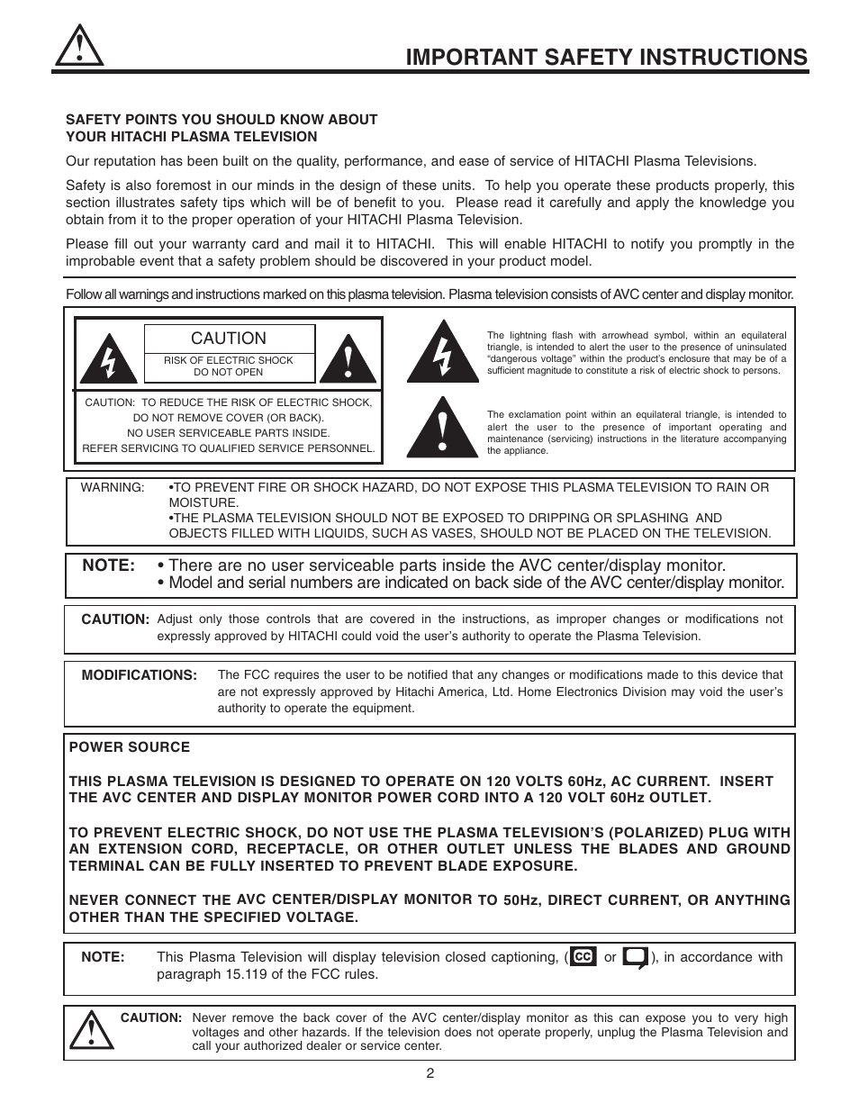 Important safety instructions, Caution | Hitachi 42HDT51 User Manual | Page 2 / 100