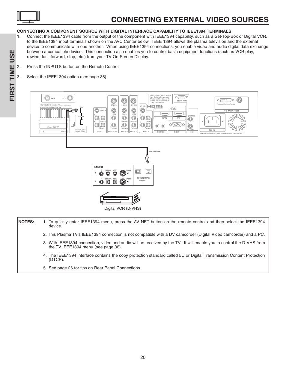 Connecting external video sources, First time use | Hitachi 42HDT51 User Manual | Page 20 / 100