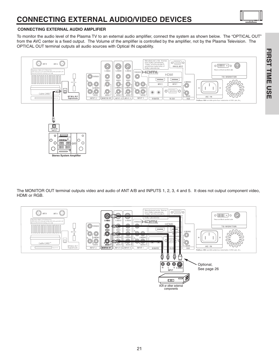 Connecting external audio/video devices, First time use | Hitachi 42HDT51 User Manual | Page 21 / 100