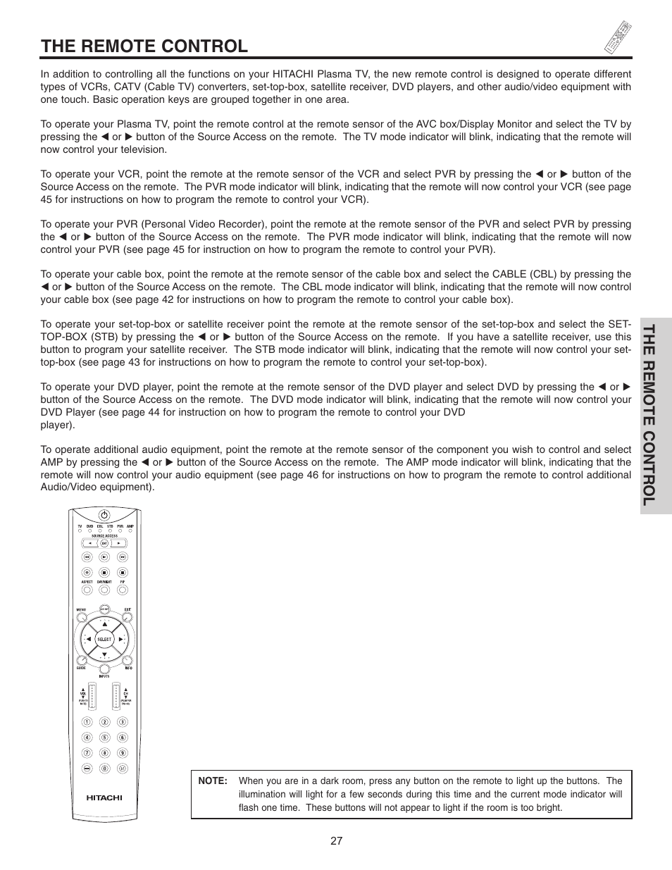 The remote control | Hitachi 42HDT51 User Manual | Page 27 / 100