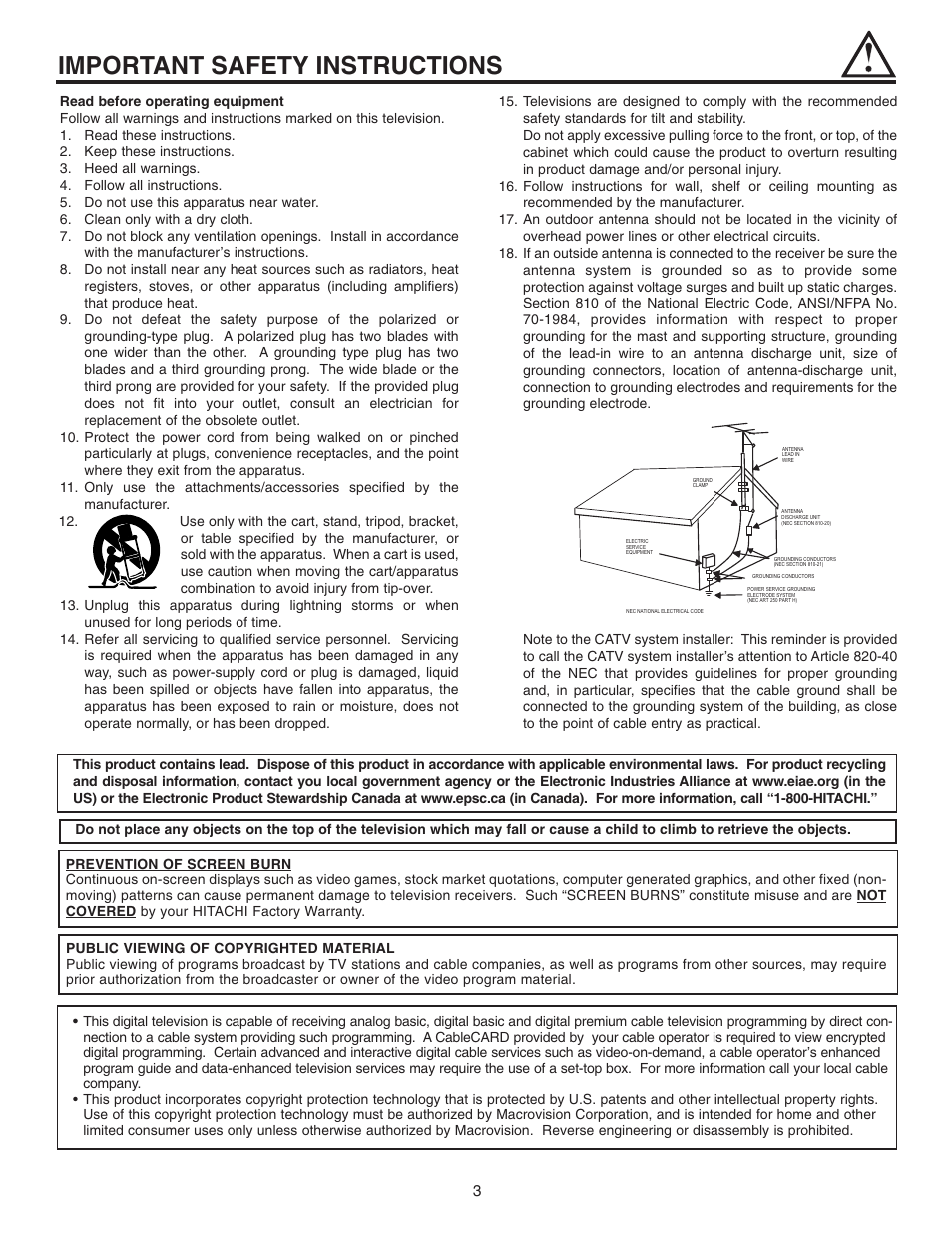 Important safety instructions | Hitachi 42HDT51 User Manual | Page 3 / 100