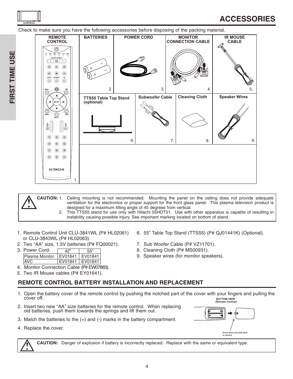 Accessories, First time use | Hitachi 42HDT51 User Manual | Page 4 / 100