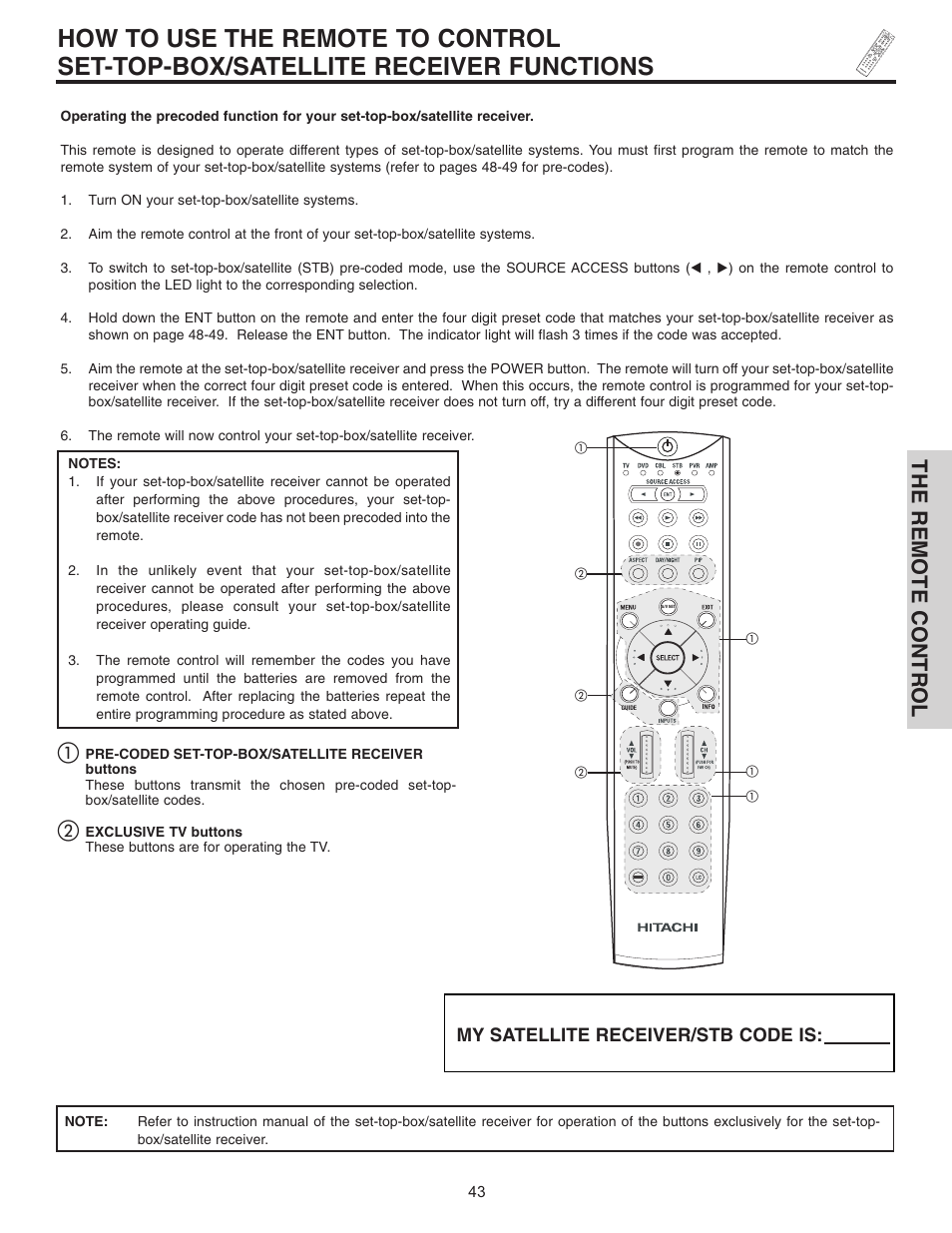 The remote control, My satellite receiver/stb code is | Hitachi 42HDT51 User Manual | Page 43 / 100