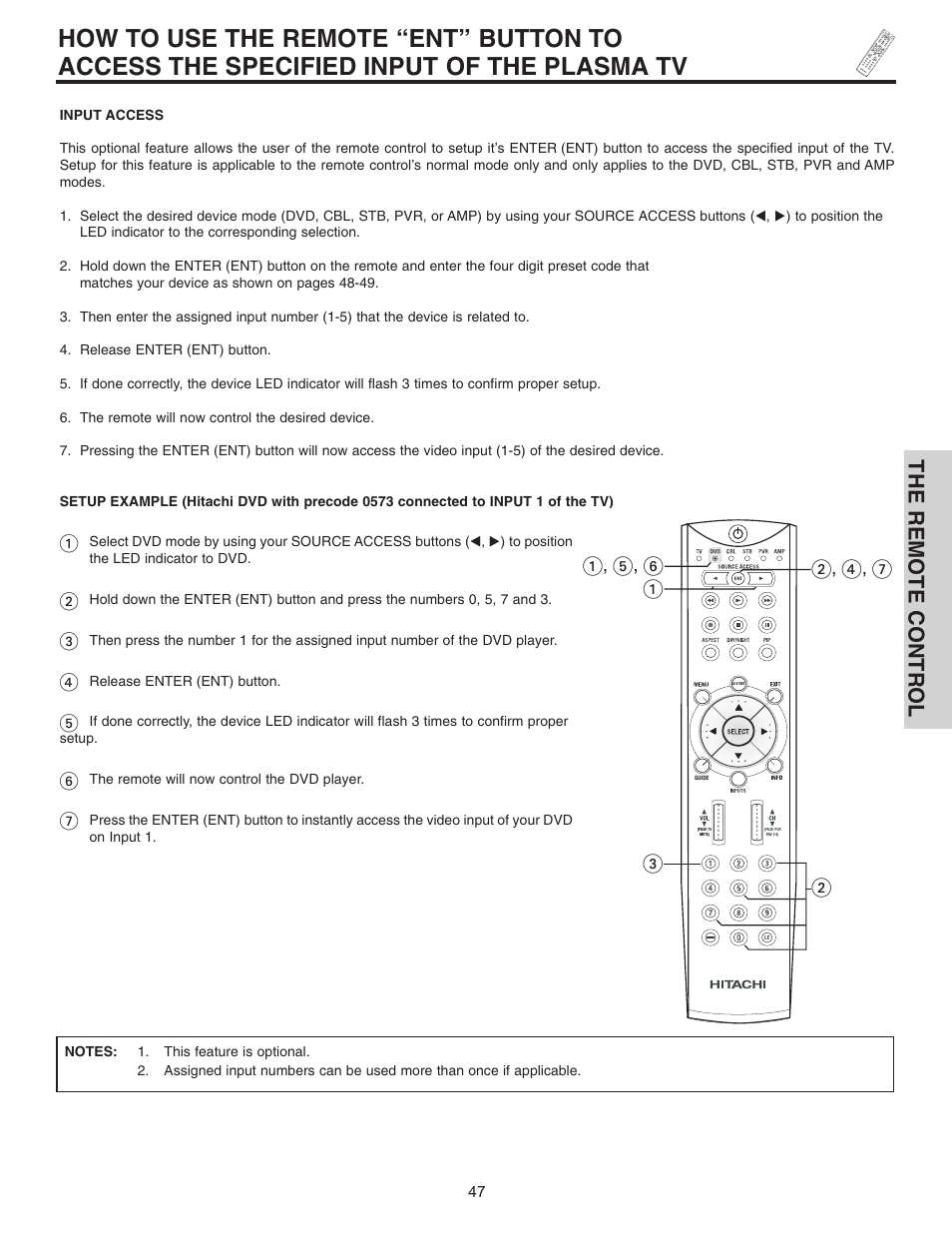 The remote control | Hitachi 42HDT51 User Manual | Page 47 / 100