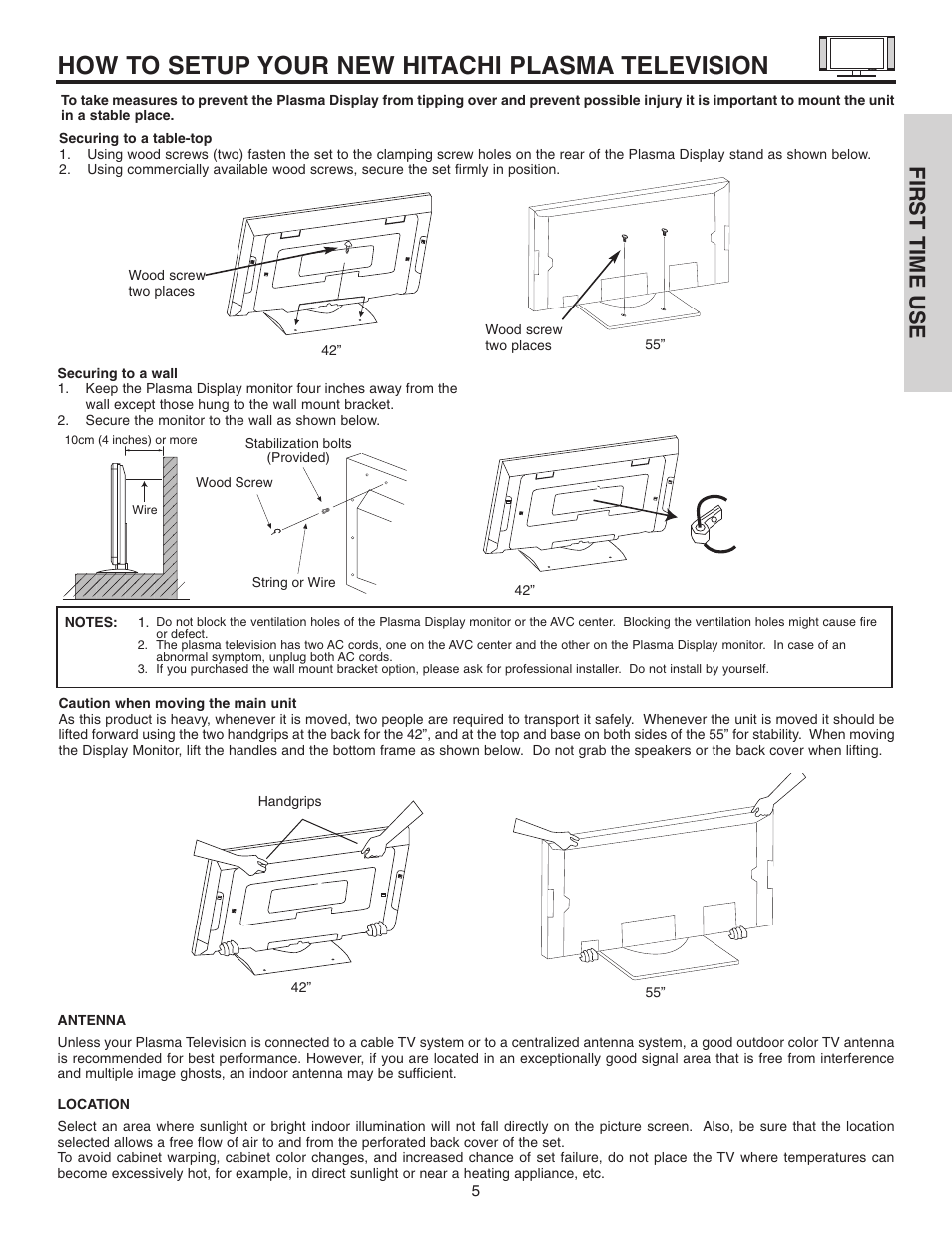 How to setup your new hitachi plasma television, First time use | Hitachi 42HDT51 User Manual | Page 5 / 100