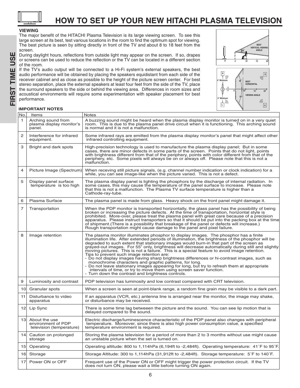 How to set up your new hitachi plasma television, First time use | Hitachi 42HDT51 User Manual | Page 6 / 100