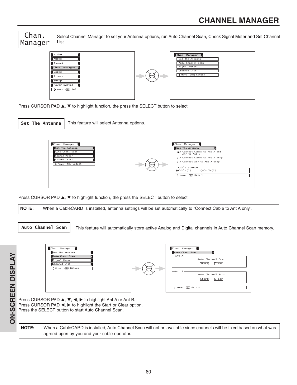 Channel manager, Chan. manager, On-screen displa y | This feature will select antenna options | Hitachi 42HDT51 User Manual | Page 60 / 100