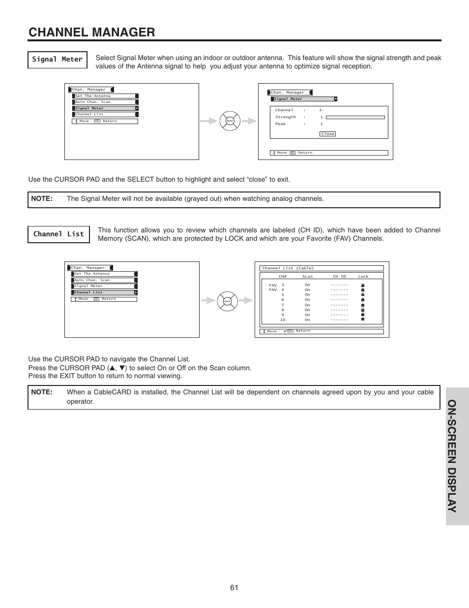 Channel manager, On-screen displa y | Hitachi 42HDT51 User Manual | Page 61 / 100