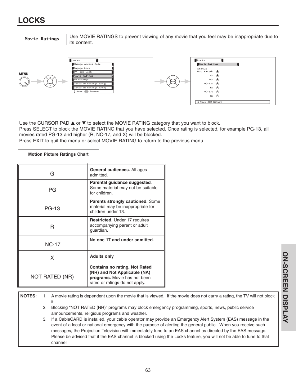 Locks, On-screen displa y, Gpg pg-13 r nc-17 x not rated (nr) | Hitachi 42HDT51 User Manual | Page 63 / 100