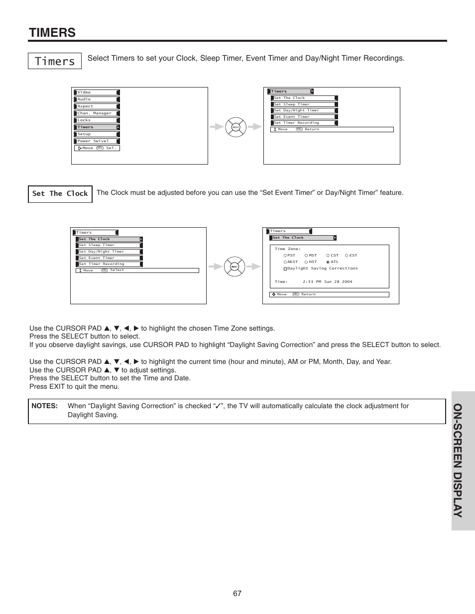 Timers, On-screen displa y, Set the clock | Hitachi 42HDT51 User Manual | Page 67 / 100