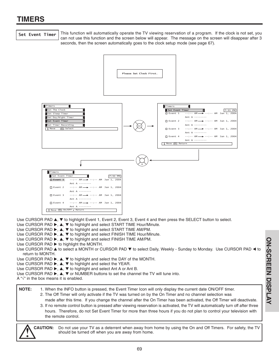 Timers, On-screen displa y | Hitachi 42HDT51 User Manual | Page 69 / 100