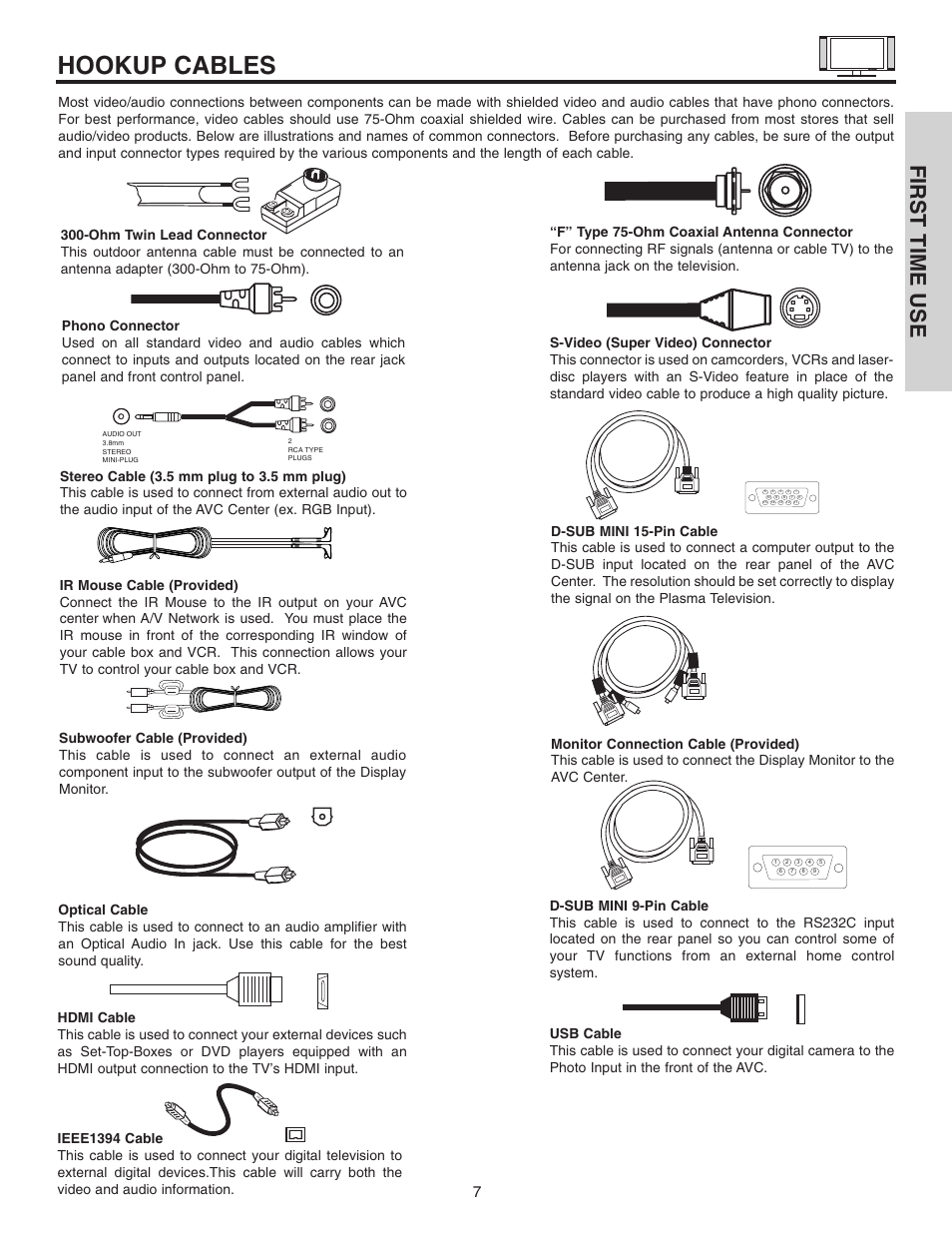 Hookup cables, First time use | Hitachi 42HDT51 User Manual | Page 7 / 100
