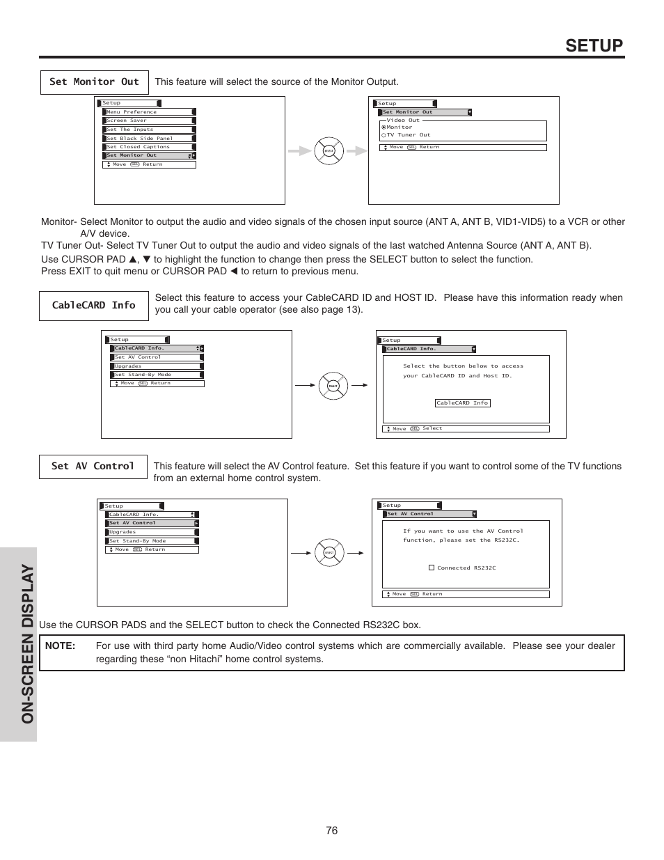 Setup, On-screen displa y | Hitachi 42HDT51 User Manual | Page 76 / 100
