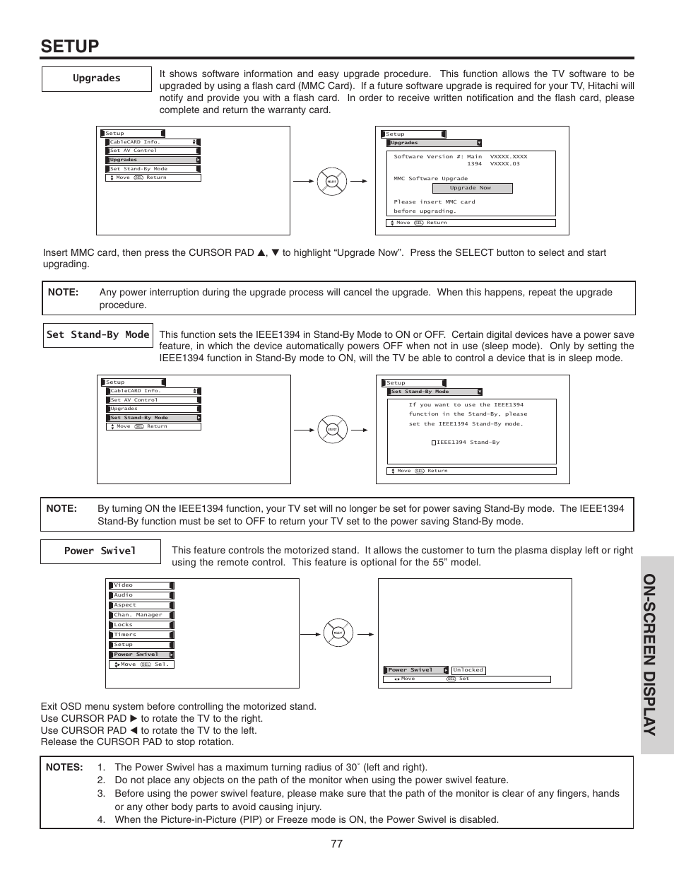 Setup, On-screen displa y | Hitachi 42HDT51 User Manual | Page 77 / 100