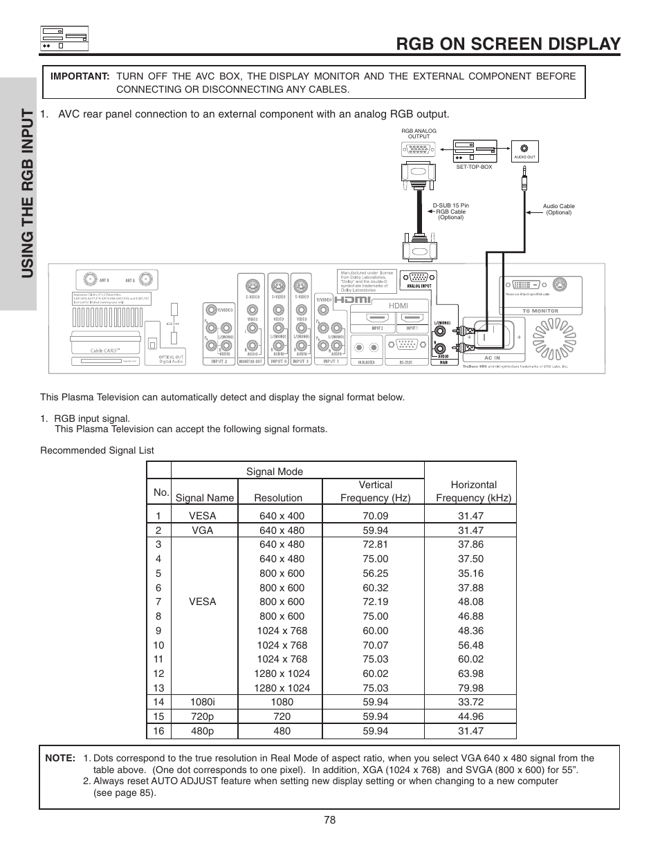 Rgb on screen display, Using the rgb input | Hitachi 42HDT51 User Manual | Page 78 / 100