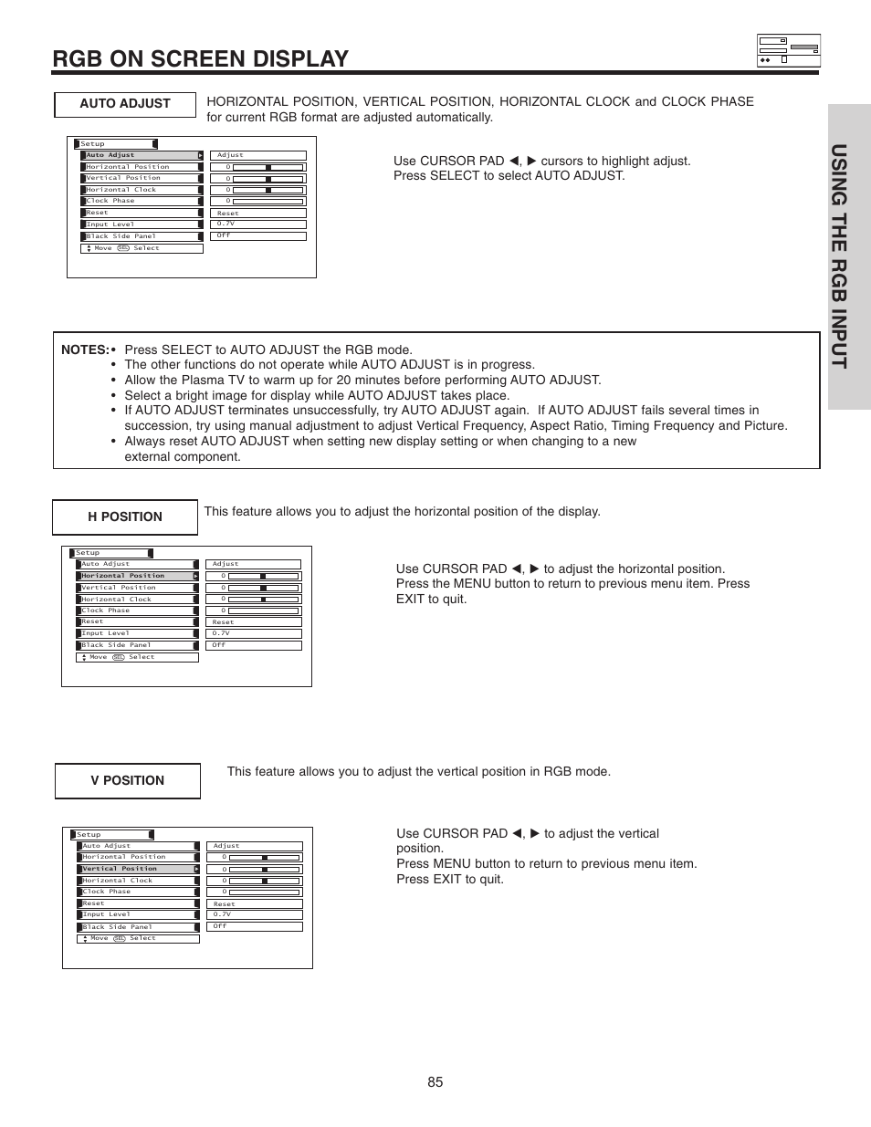 Rgb on screen display, Using the rgb input | Hitachi 42HDT51 User Manual | Page 85 / 100