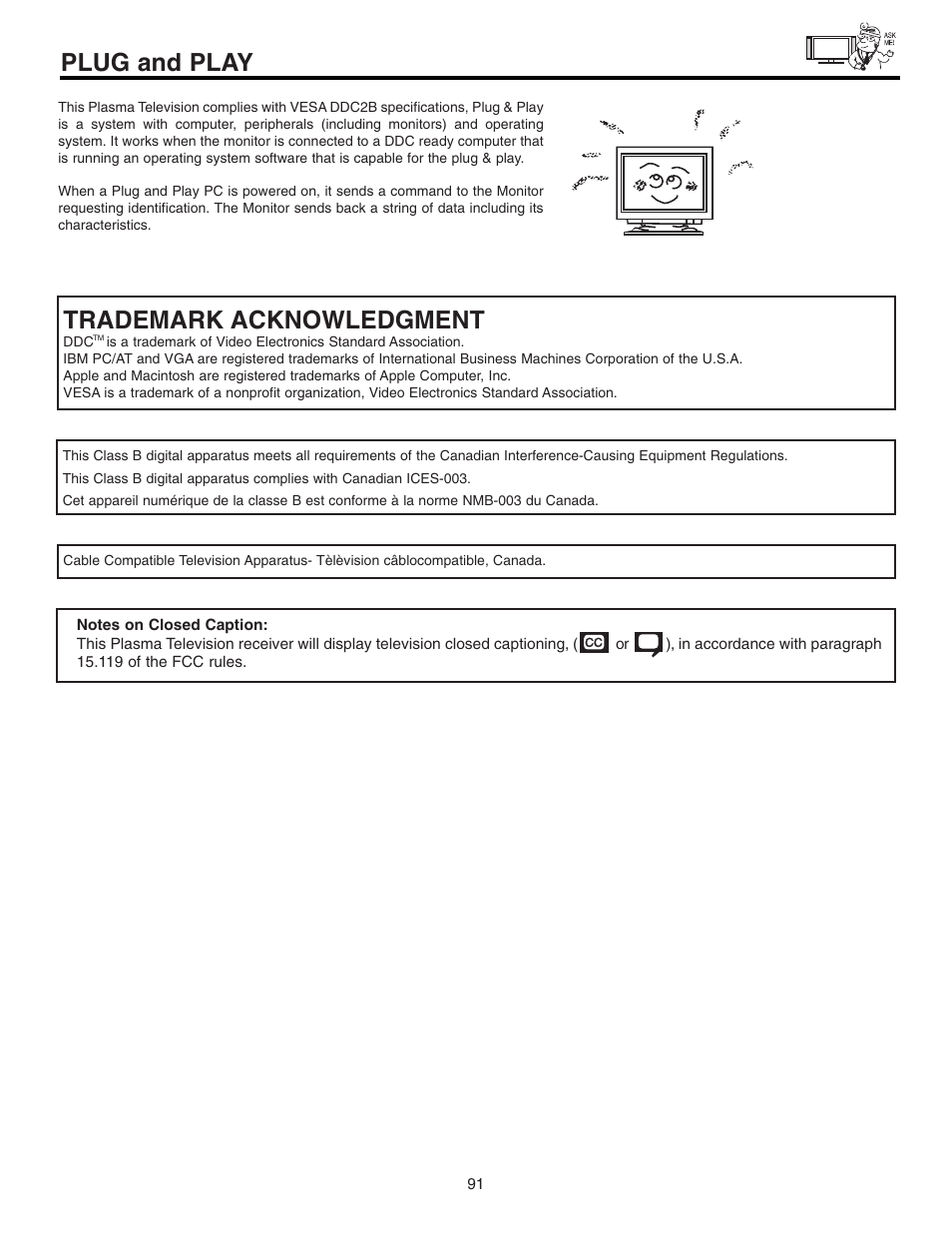 Plug and play, Trademark acknowledgment | Hitachi 42HDT51 User Manual | Page 91 / 100