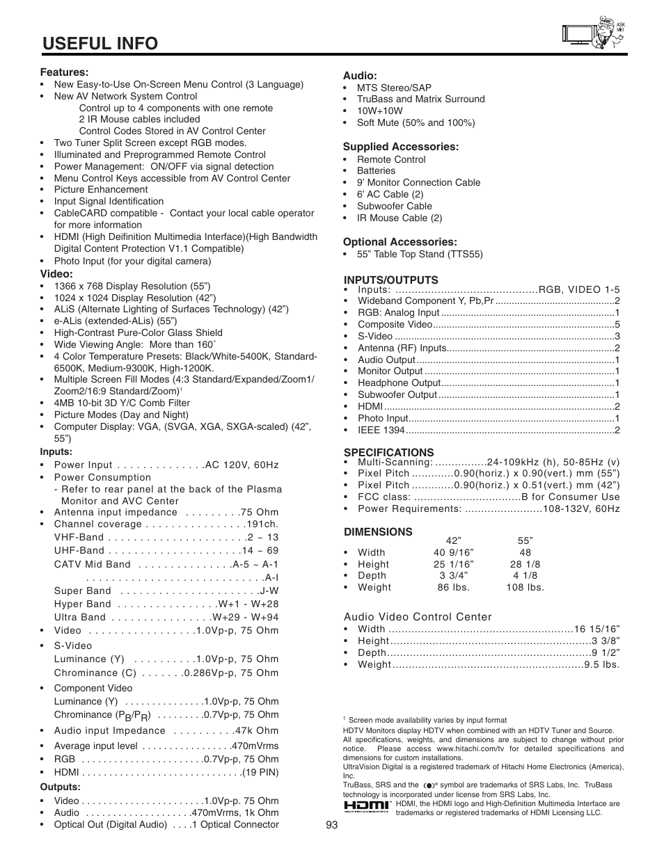 Useful info | Hitachi 42HDT51 User Manual | Page 93 / 100
