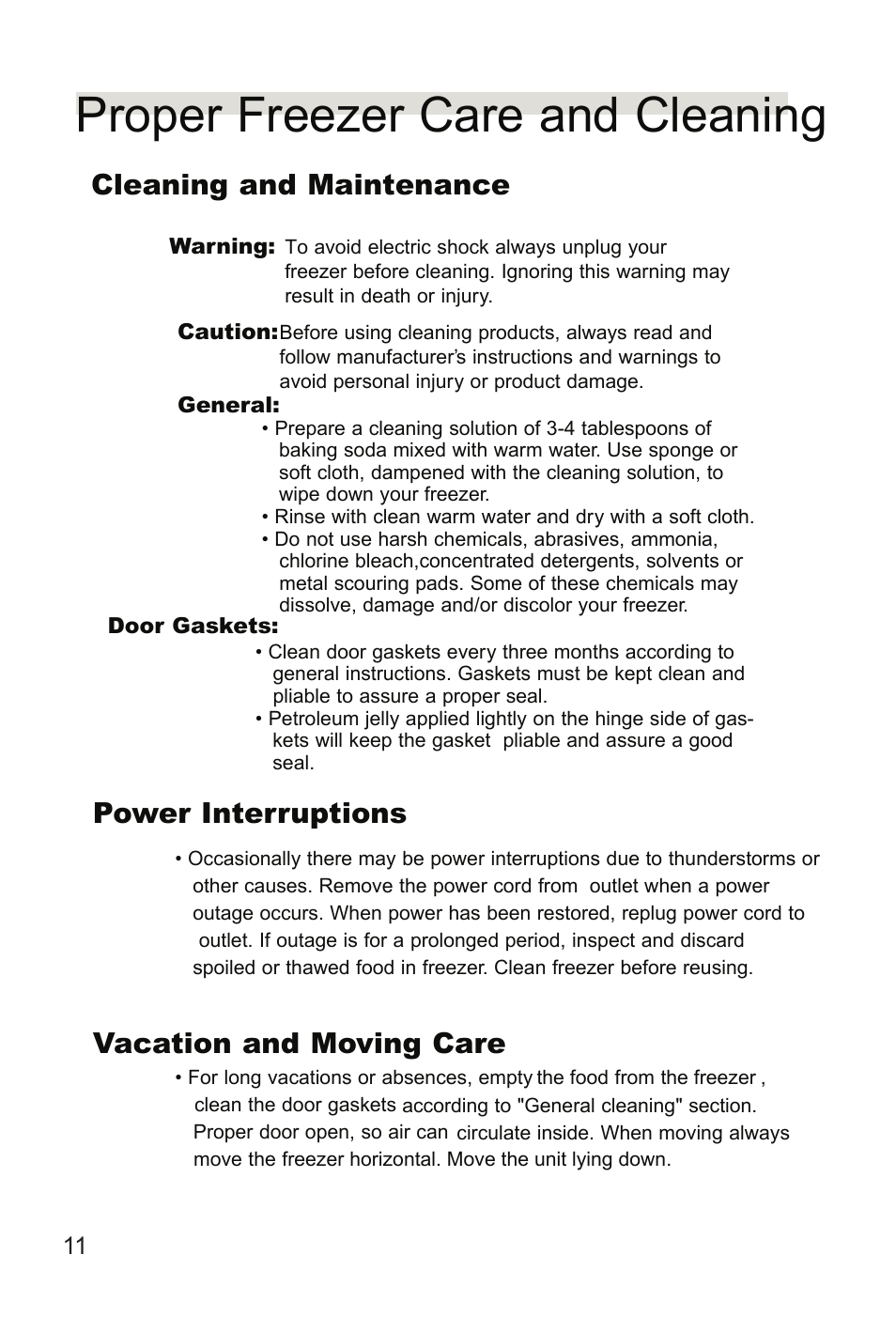 Proper freezer care and cleaning, Cleaning and maintenance, Power interruptions vacation and moving care | Hitachi HDF-385H User Manual | Page 12 / 14