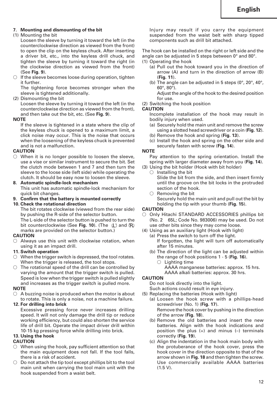 English | Hitachi DV 18DL User Manual | Page 13 / 86